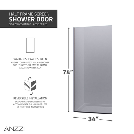 Anzzi Veil 74 in. by 34 in. Framed Tinted Glass Shower Screen in Matte Black SD-AZFL06001MBT